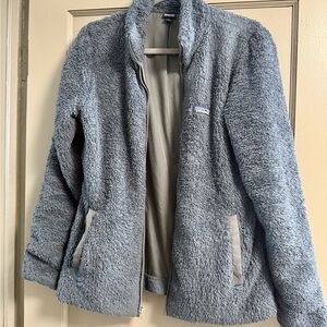 Women’s Patagonia Large Gray Fleece Teddy Zip Up Jacket in Navy